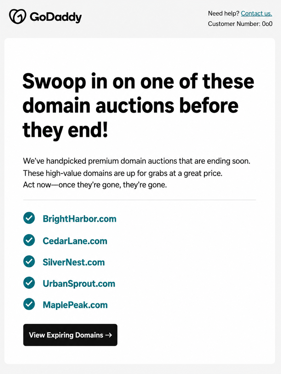 GoDaddy email titled 'Swoop in on one of these domain auctions before they end!' featuring premium domains