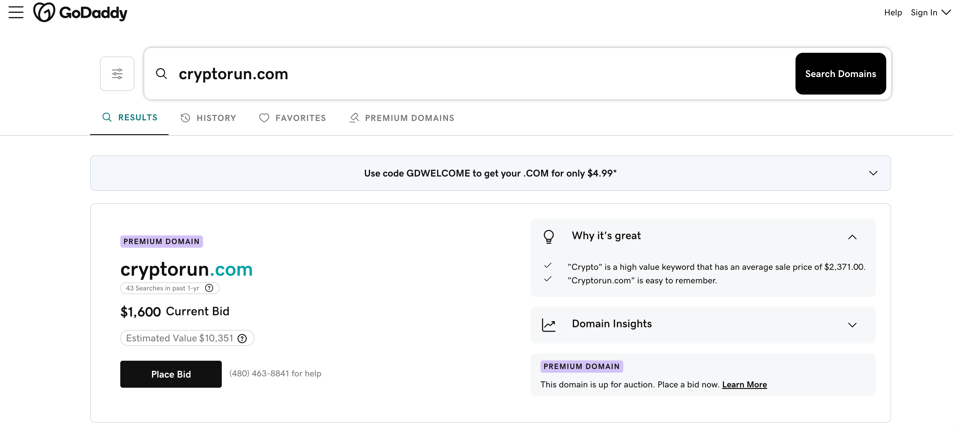 GoDaddy domain search for cryptorun.com showing premium domain with current bid