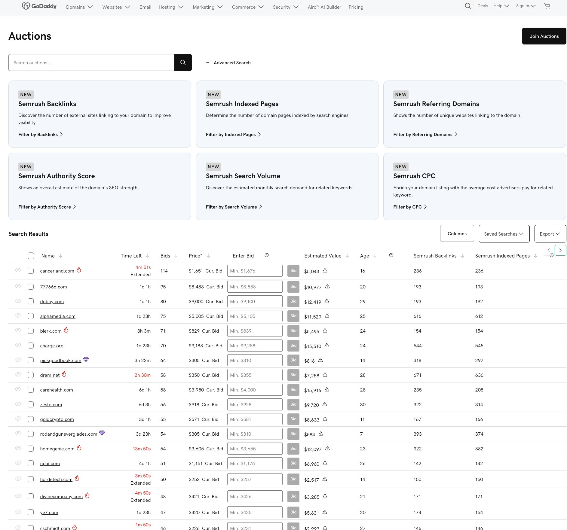 GoDaddy Auctions interface