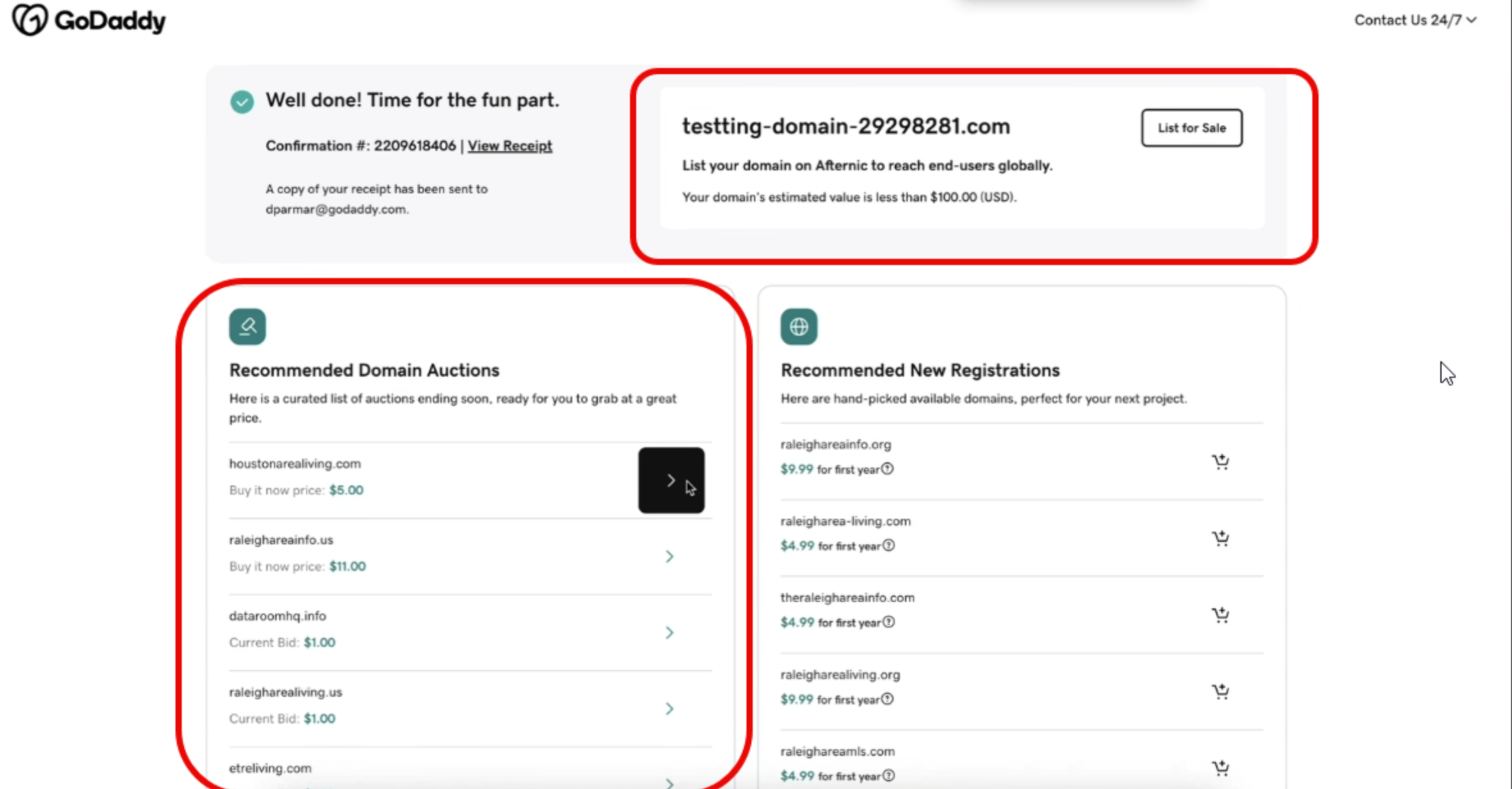 GoDaddy post-purchase confirmation page showing Recommended Domain Auctions