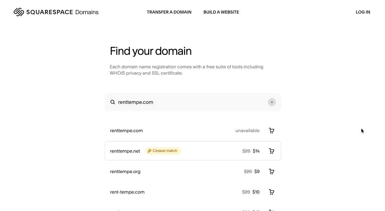 Squarespace domain search for renttempe.com showing it unavailable, with only cheaper alternatives like renttempe.net at $14