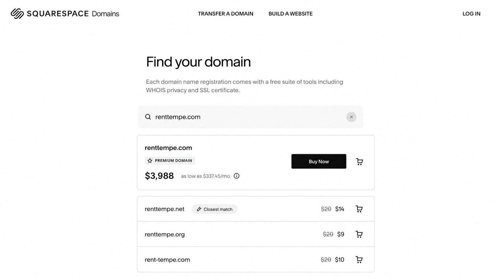 Squarespace domain search showing renttempe.com as a premium domain for $3,988 with a Buy Now button, surfaced above the cheaper alternatives